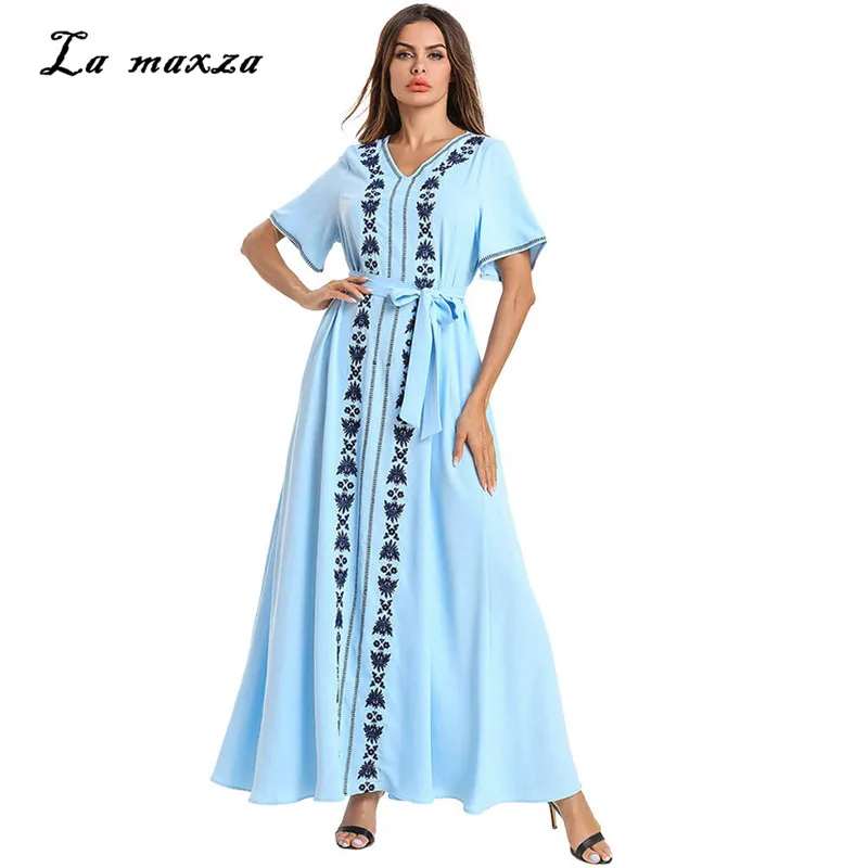 

Long Muslim Maxi Modest Dress Turkey Arabic Kaftan Dubai Evening Embroidery Muslim Party Dress 7534