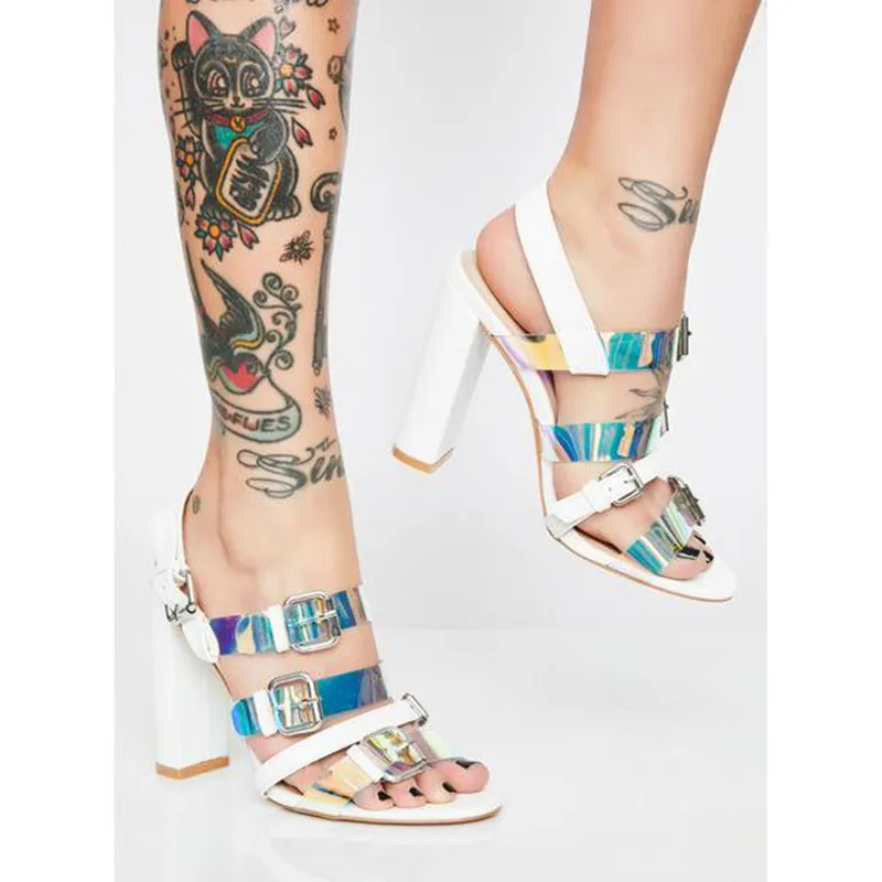ARQA Women's Summer Fashion Open Toe One Word Form Hasp Chunky Sandals Glow Color Sequins High Heels Shoes Sexy Work Shoes