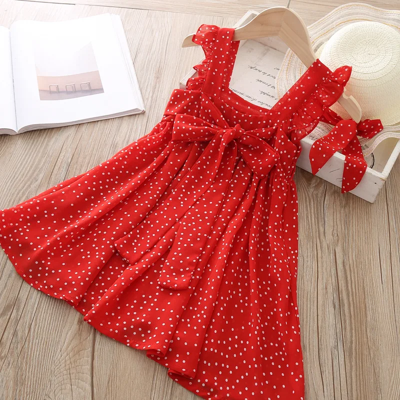 Летнее шифоновое платье для девочек детской одежды в горошек, объемный для одежды вечерние платья с оборками и бантом спереди и шляпой