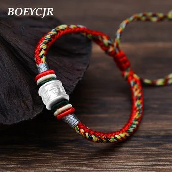 

BOEYCJR S999 Sterling Silver Mantra Beads Bangles & Bracelets Fine Handmade Jewelry Braided Rope Bracelet for Men or Women