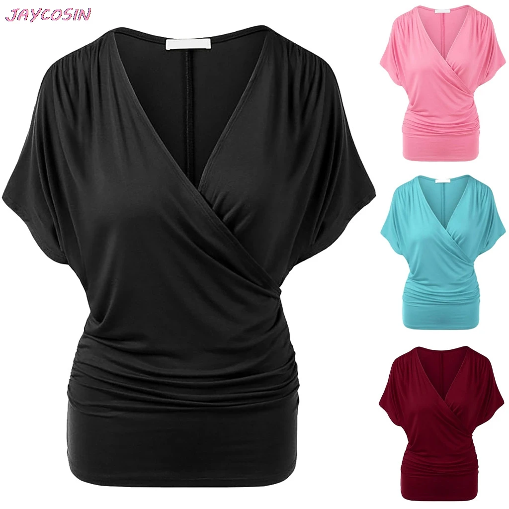 Модная женская рубашка размера плюс, одноцветная футболка с v-образным вырезом и коротким рукавом с рюшами, чистый цвет, футболка, подарок XL-L5, Прямая поставка#0320