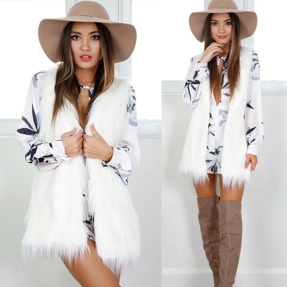 

Warm Outwear Women Sleeveless White Slim Faux Fur Jacket Coat Winter Warm Thick Solid Outerwear veste femme A8