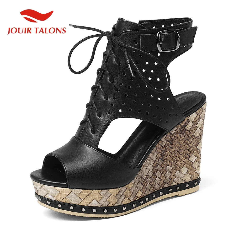 

women's Genuine Leather Leisure Wedges High Heels Platform Hollow Shoes Woman Casual Party Summer Sandals