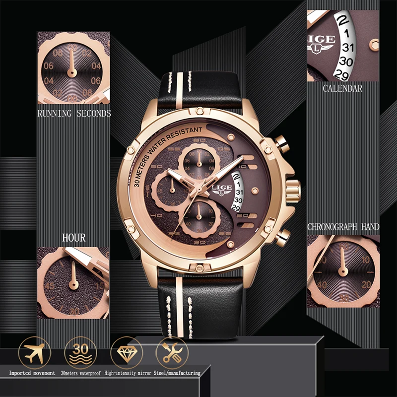 

2019 New LIGE Mens Watches Top Brand Luxury Waterproof Date Quartz Watch Man Leather Sport Wrist Watch Men Waterproof Clock+Box