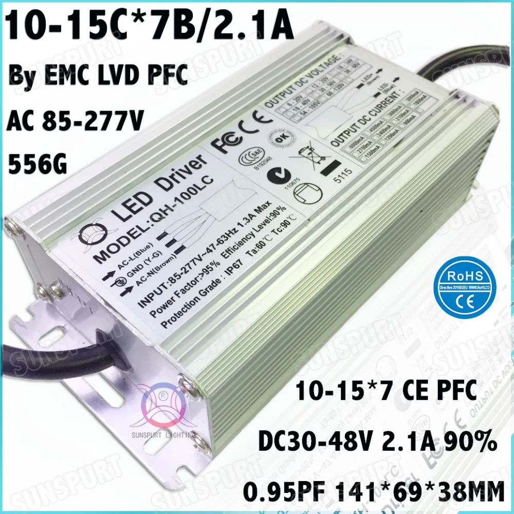 

2 Pcs By EMC LVD IP67 100W AC85-277V LED Driver 10-15x7B 2100mA DC30-48V Constant Current LED Power For Spotlights Free Shipping