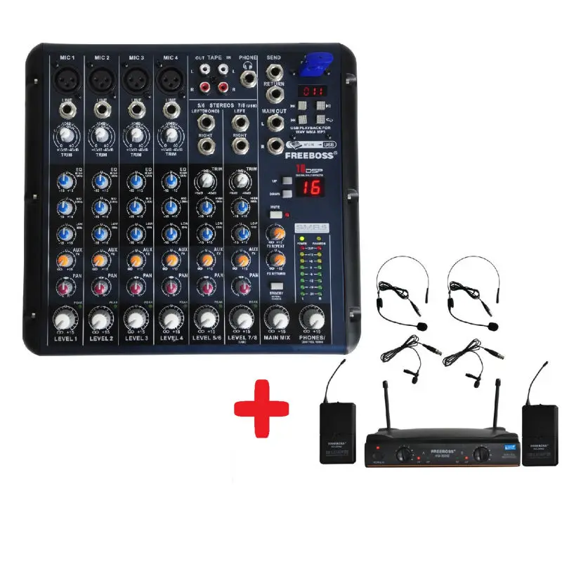 

FREEBOSS KU-22H2 UHF Headset Wireless microphone + SMR8 Audio Mixer