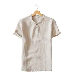 2019 летние рубашки Для мужчин 100% чистый льняные шорты рукавом Slim Fit Стенд Повседневное Топы брендовая одежда Y220