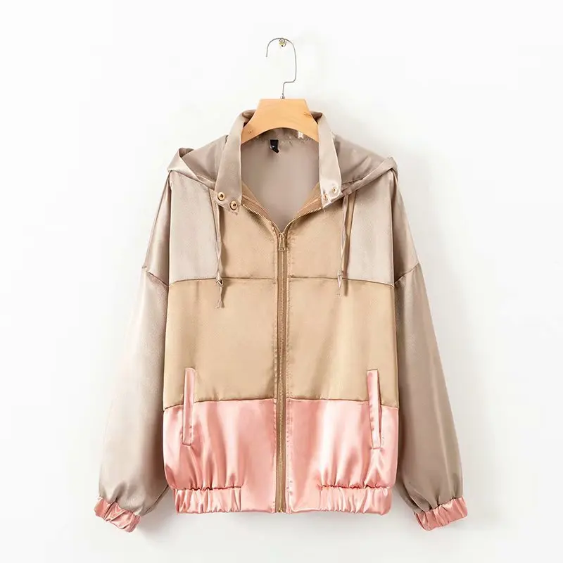 Elegant patchwork hooded loose jacket oversized pockets Drawstring tie coat ladies outerwear casual chic tops | Женская одежда