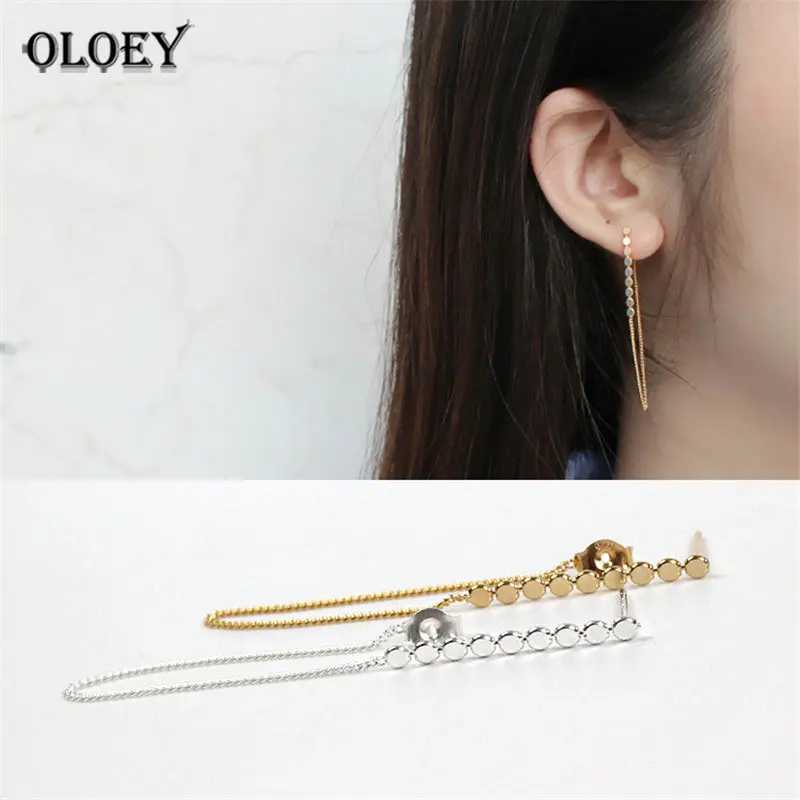 

OLOEY Genuine 100% 925 Sterling Silver Earring Flat Beads Long Chain Drop Earrings for Women Oorbellen Fine Party Jewelry YME276