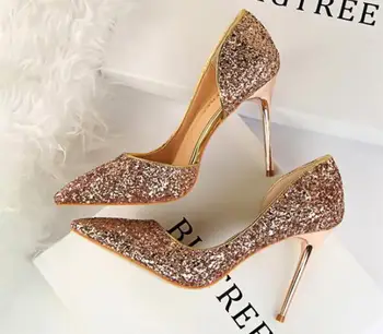 

High heels side hollow silver gold crystal shine wedding party shoes wedding shoes wild sexy elegant sequin pointed shoes