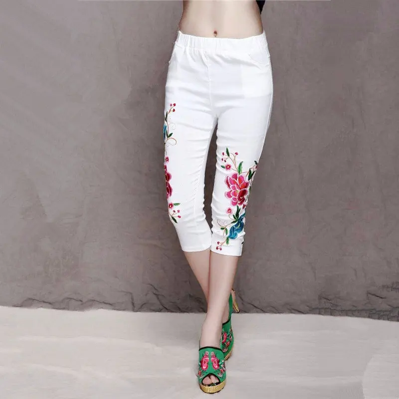 Summer Spring Women's Embroidery Elastic High Waist Capris Pants Casual