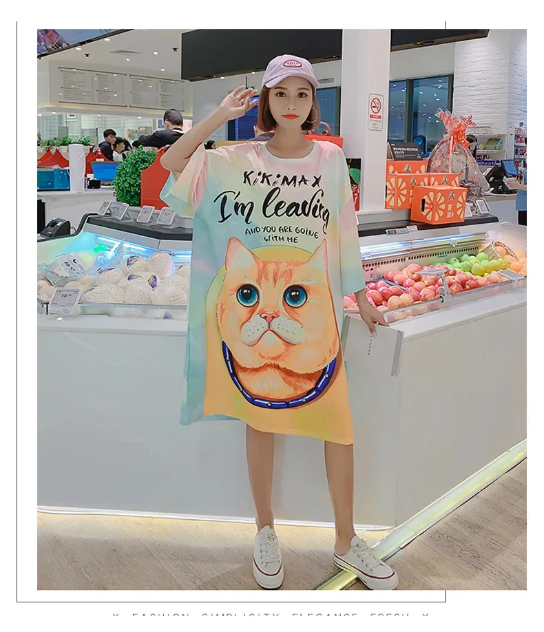 Футболка женская одежда 2019 Топы уличная мода животное мода kawaii печатных негабаритных Плюс Размер Женская длинная футболка femme