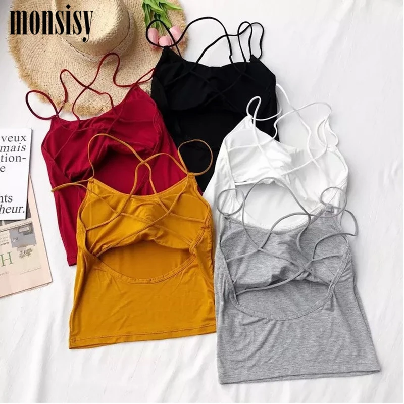 

Monsisy Women Short Camis Tops Bra Sexy Hollow-out Backless Padded Solid Tanks Tops Female Seamless Bra Crop Top Girl Strap Vest