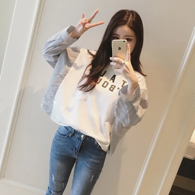 

Women Long Sleeve Hoodie Female Casual Patchwork Fake Two Pieces Sweatshirt Pullover Females New Striped Womens Loose Hoodies