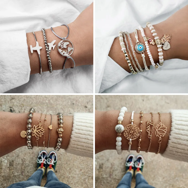 

Fashion Mutilcolor Charm Bracelet Bangle Woman Hollow Map Airplane Heart Lotus Pendant Bracelets Sets Jewelry Party Gifts