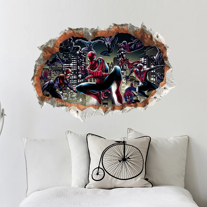 Marvel  Movie Spiderman 3DVIEW Wall Hole Stickers For Kids Room Boys room accessories Super Heroes Mural Art Decal Home Decor