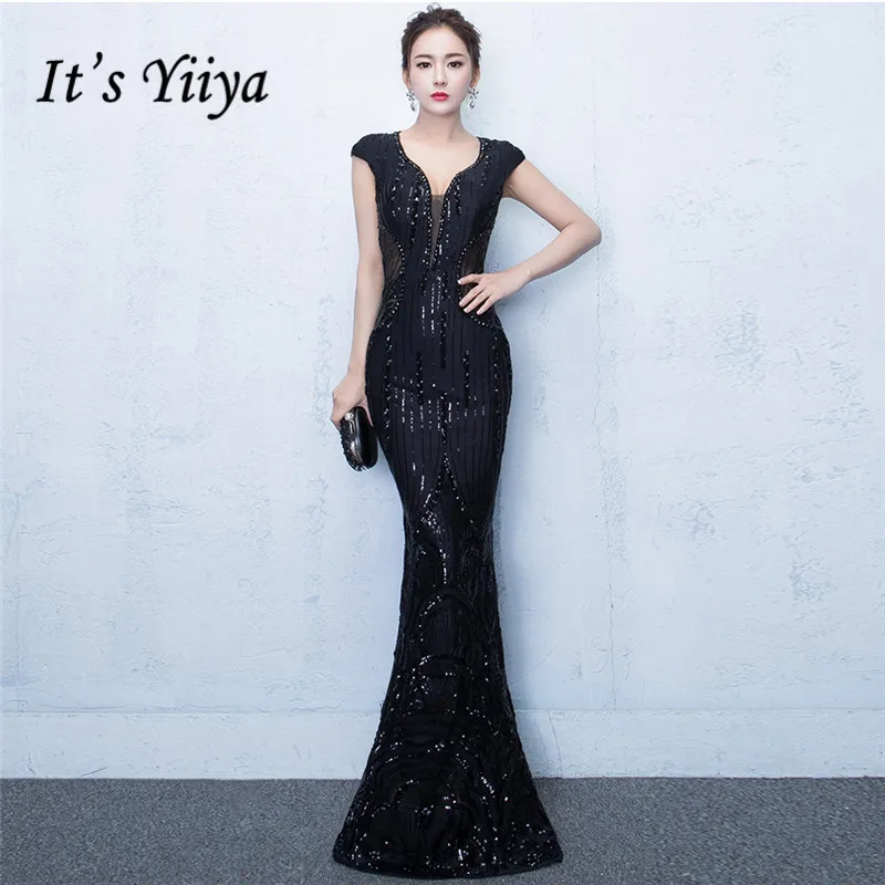 

It's Yiiya Evening dress Sexy V-neck Sequined Zipper Mermaid Party Gowns Royal Crystal Floor-length Trumpet Prom dresses C206