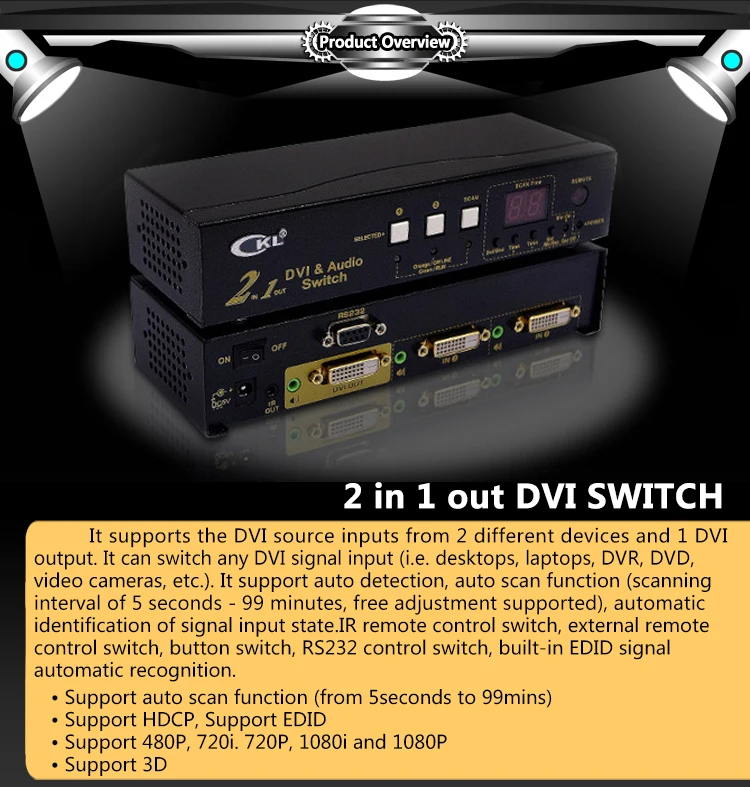 Ckl-21d 2x1 2 Порты и разъёмы DVI выключатель Splitter Box 2in 1out. 3D 1080 P для ПК Мониторы с ИК-пульт, RS232 Управление