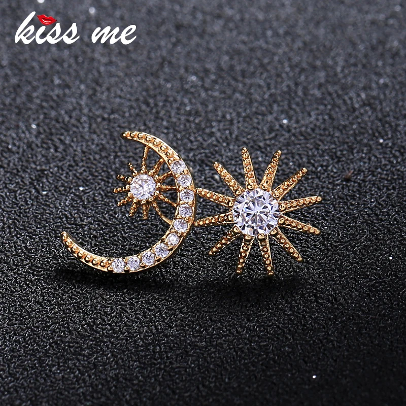 

KISS ME New Gold Color Copper Material AAA Zircon Earrings for Women High Quality Star Moon Stud Earrings Fashion Jewelry