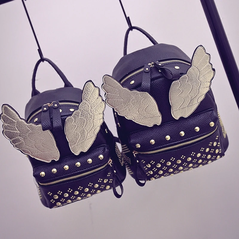 2017 New Spring Fashion Style wings Pattern Girls Backpack Bag rivets small Korean personality students leisure
