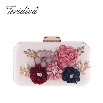 

Fashion Women Evening Bag Flower Beaded Small Day Clutch Evening Bag With Chain Shoulder Handbags Leather Metal Purse