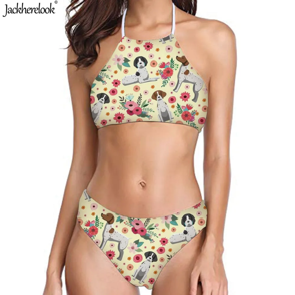 

Jackherelook Bikinis Set German Shorthaired Pointer Flower Yellow Women Summer Swimwear Halter Bandage Swimsuits Female Monokini