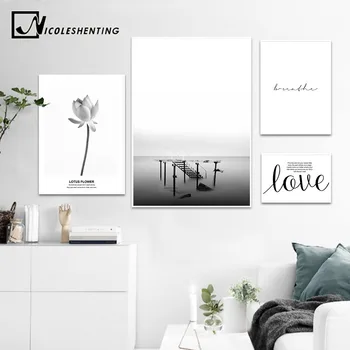 

Lotus Flower Motivational Wall Art Canvas Posters and Prints Black White Sea Dock Landscape Nordic Decoration Decorative Picture
