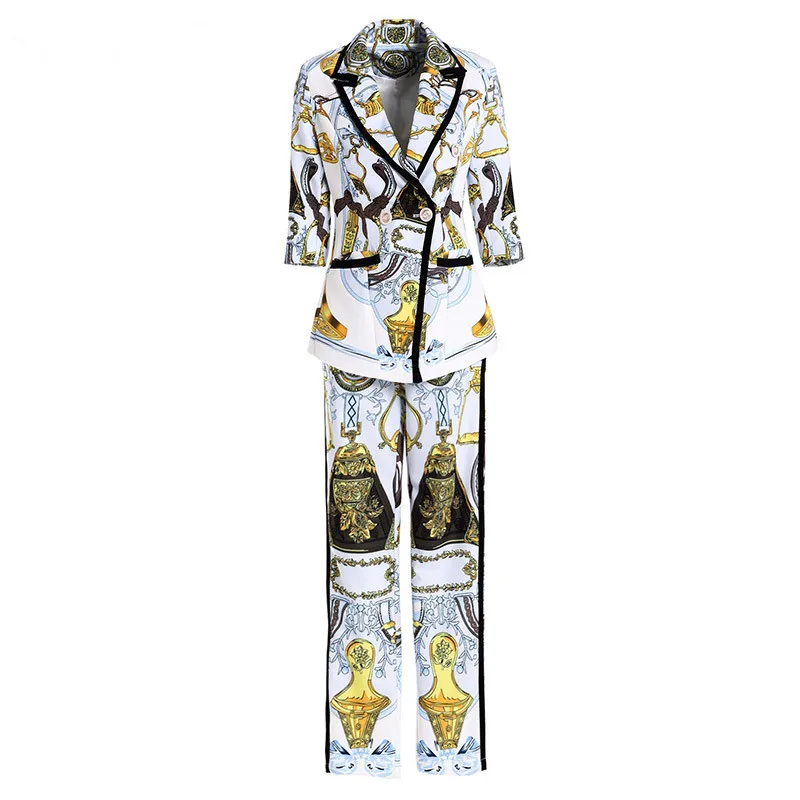 Femmes Pantalon De Pièces Ensemble Cheville Automne Designer Blazers Multi 4 Svoryxiu Carrière Manches Imprimé Mince 3 Mode Deux Manteau Longueur 8Sx0p0