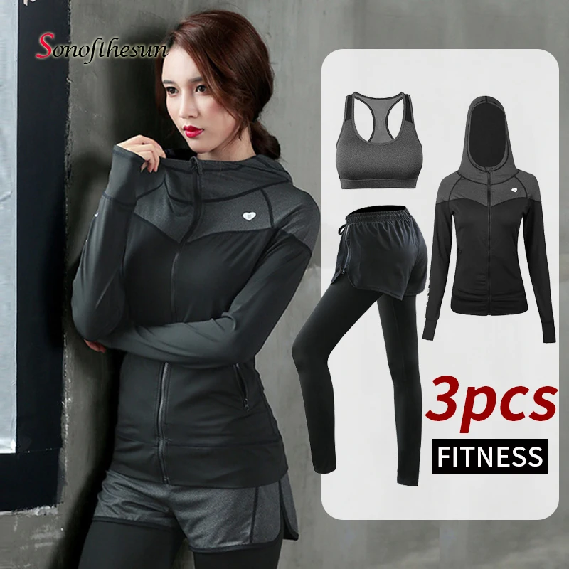 

3pcs Women Sports Sets Hooded Jackets Sport Suit Yoga GYM Running Fitness Trainning Sportswear Coat Sports Bras Long Pants