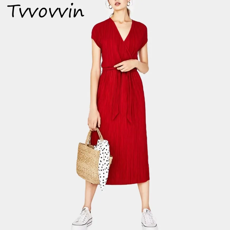 

TVVOVVIN 2019 Fashion Women's Summer Solid Color Simple Sweet Personality Sexy Casual Belt V Neck Dress dresses vintage 8075