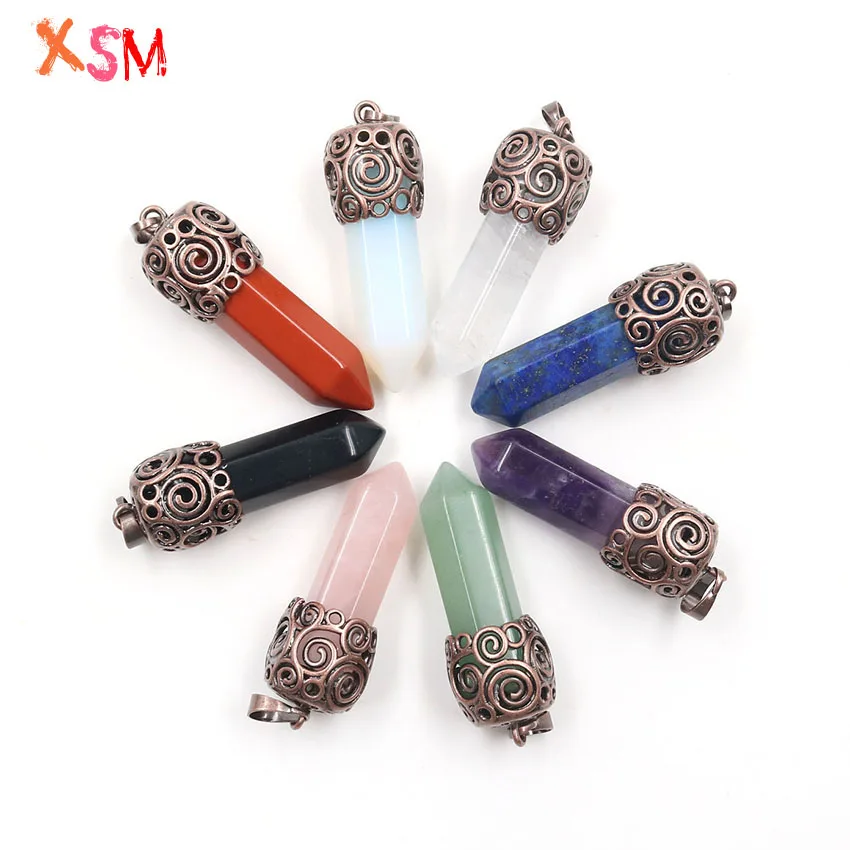 

xinshangmie Wholesale10 Pcs/Lot Distinctive Copper Natural Mixed Stone Crystal Hexagonal Column Pendant For Women Charms Jewelry