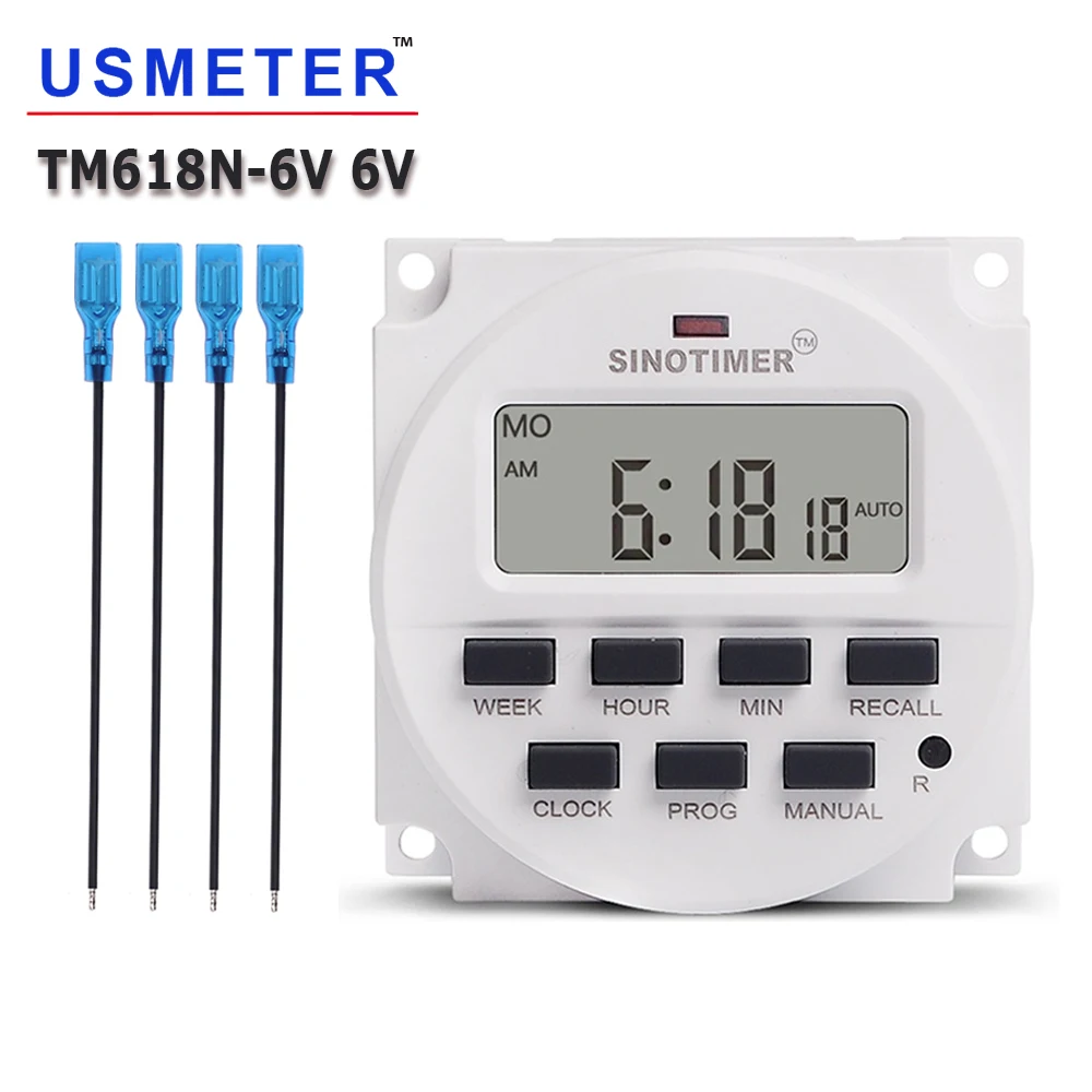 TM618N-6V 6V DC 타이머 스위치 7 일 프로그래밍 가능 12/24h 형식 시계 디스플레이 LCD 1.6 인치 충전 배터리