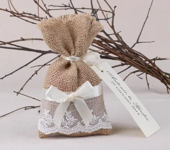 

100Pcs/Packs New Fashion Useful Wedding Favor Christmas Hessian Burlap Jute Gift Bags White lace Burlap with free shipping