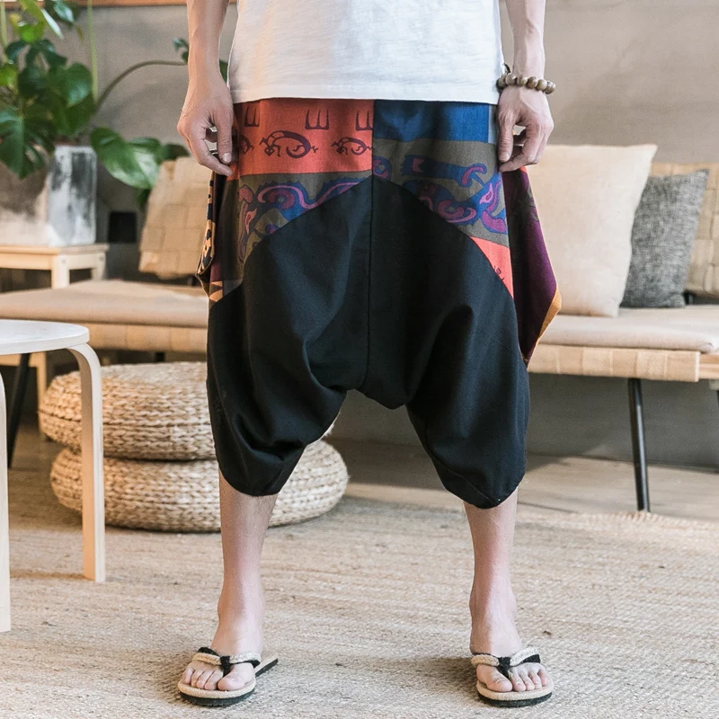 Национальная одежда Свободные Лоскутные пляжные шорты мужские крест хип хоп шорты мужские до колен хлопковые и льняные короткие брюки