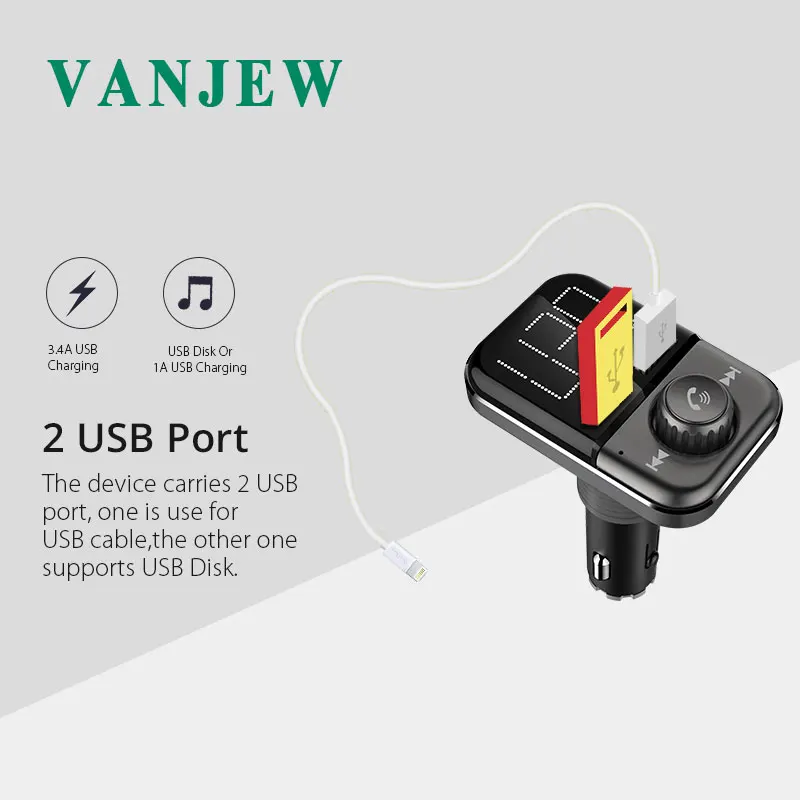 Автомобильный FM трансмиттер VANJEW BT72 с поддержкой Bluetooth и 2 USB
