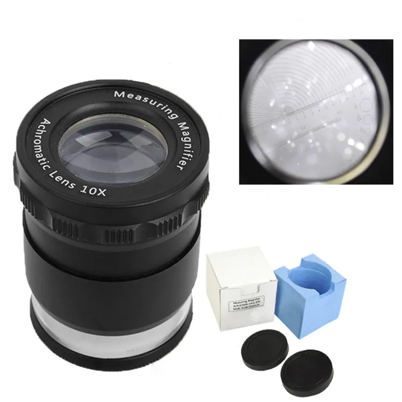 10X Metal LED Illuminated Focus Adjustable Cylindrical Loupe Measuring Magnifier Achromatic Lens with Multi Scale Graticule