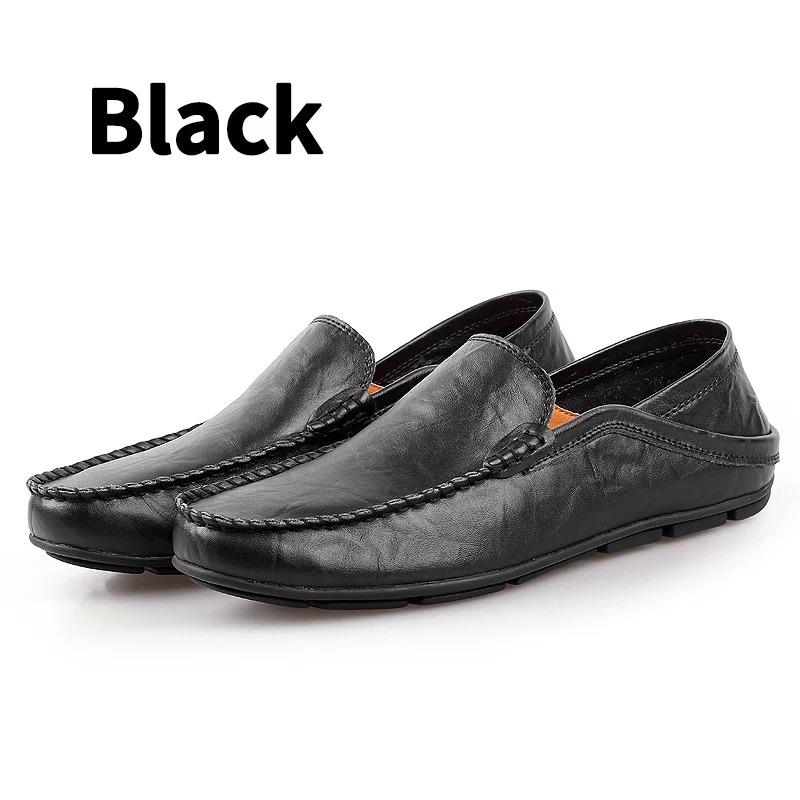 BIMUDUIYU; мужская обувь на плоской подошве; качественные кожаные мужские лоферы; однотонные черные дышащие слипоны; повседневная обувь; большие размеры; мягкая обувь для вождения - Цвет: Black