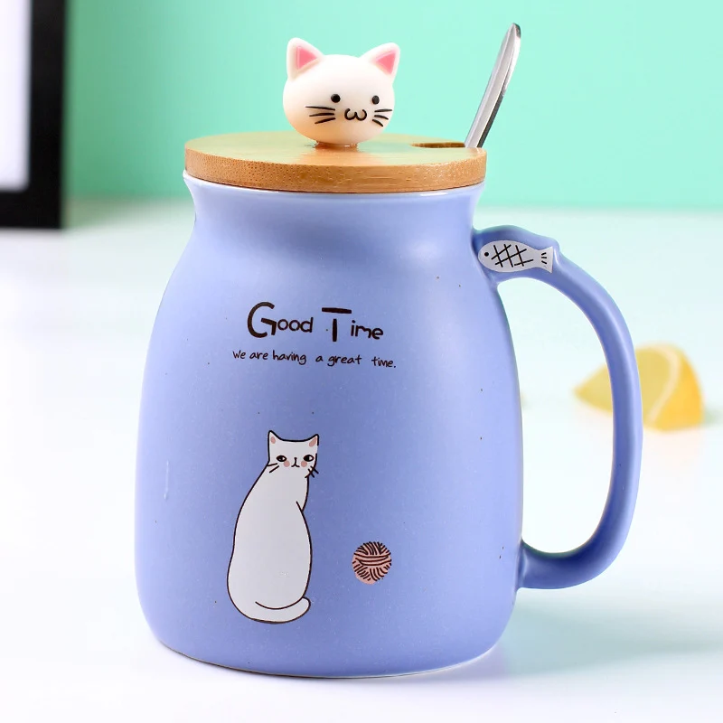 

Creative sesame cat heat-resistant cup color cartoon with lid 450ml cup kitten milk coffee ceramic mug children cup office gifts