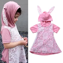 PaMaBa Мода розовый кролик платье с капюшоном летние прекрасная детская одежда кружево хлопок короткий рукав детский халат Bebe повседневное