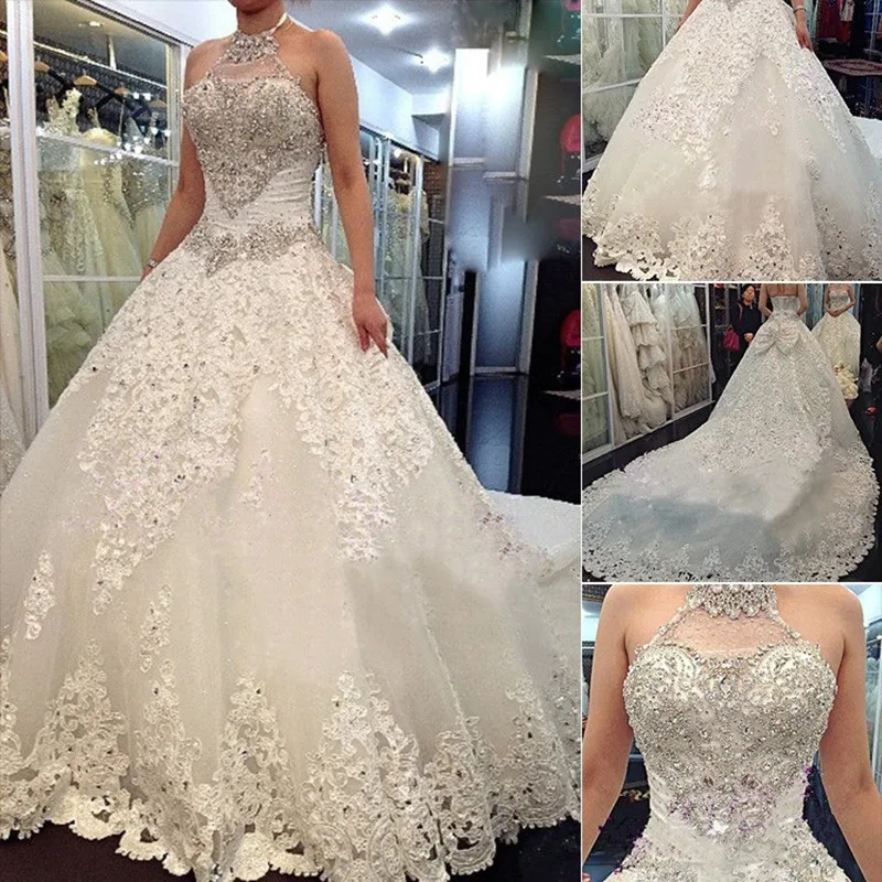 

Vestido De Noiva Princess Wedding Dress 2019 Luxury Crystal Bridal dress Custom Royal Train Ball Gown Halter Neck Wedding Gown