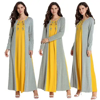 

Women Muslim Embroidery Abaya Maxi Dress Robe Stripe Patchwork Dubai Kaftan Party Islamic Clothing Long Sleeve Round Collar New
