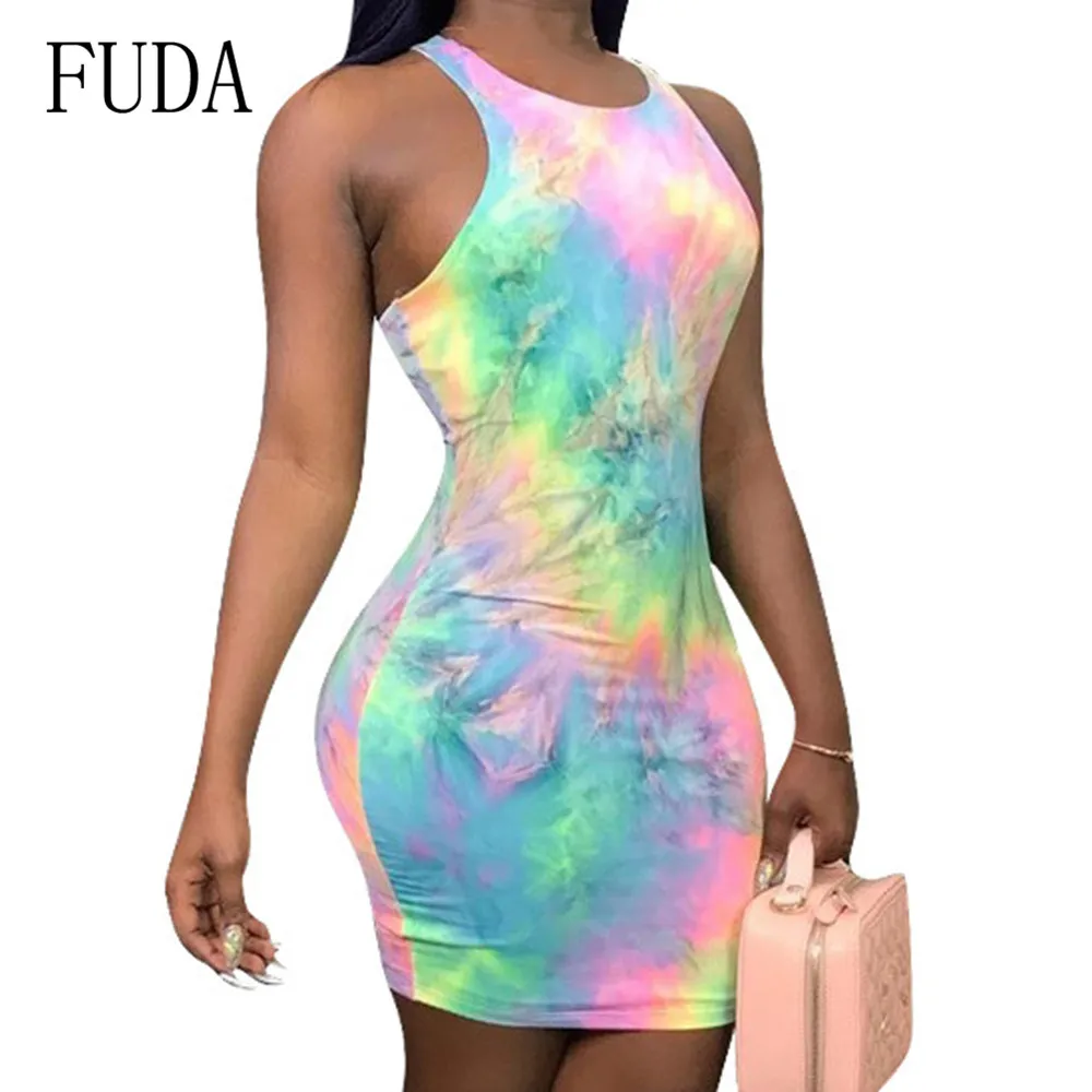 

FUDA Bodycon Sexy Tie Dye Mini Dress Women Sleeveless Summer Fashion Skinny Dresses Streetwear Femame Elegant Retro Robe Longue