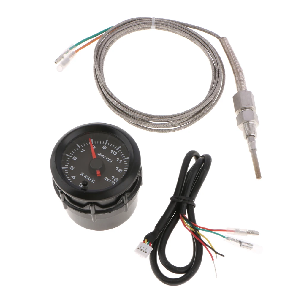 2'52mm 7 Color LED Car Exhaust Gas Temp Gauge EXT Temp Meter EGT With Sensor Blue Digital Voltage Display and Warning Function