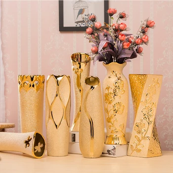 

30cm Gold Ceramic Vase Desktop Office Decoration Vase Home Room Simple Chinese Style Flower Ornaments