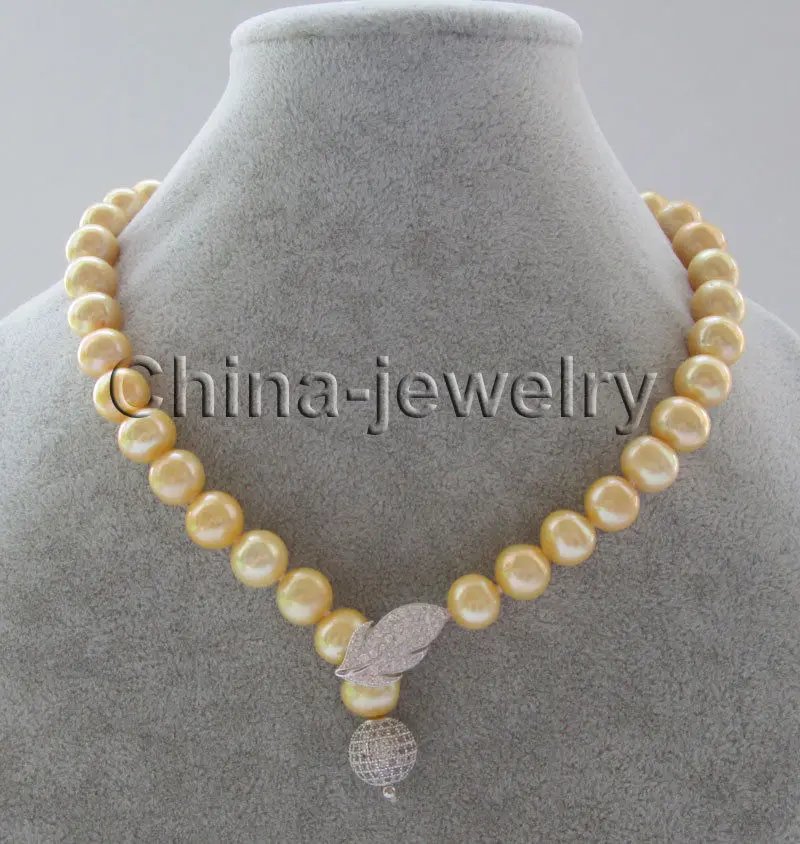 

TYU5U J67 fast Beautiful 18 " 12mm gold round freshwater pearl necklace - GP clasp (A0501)