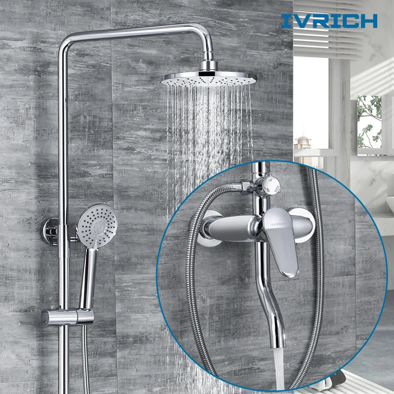 

IVRICH Brass Chrome Plated Rain Shower Faucet Set Brass Bathing Suit 3 Way function Bathroom Shower Package VR0133