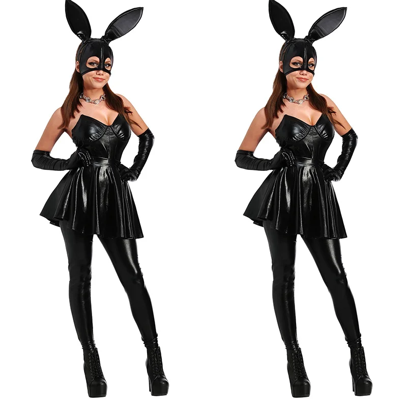 Черный женский костюм для косплея, сексуальный костюм из искусственной кожи, с открытой спиной, Банни, женские латексные костюмы с v-образным вырезом, костюмы на Хэллоуин для женщин