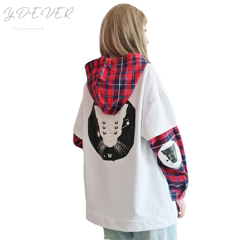 

Japanese Cute Street Fashion Women Sweatshirt Harajuku Kawaii Cat Print Plaid Hoodies Black Tracksuit Pullover Female Sweatshirt