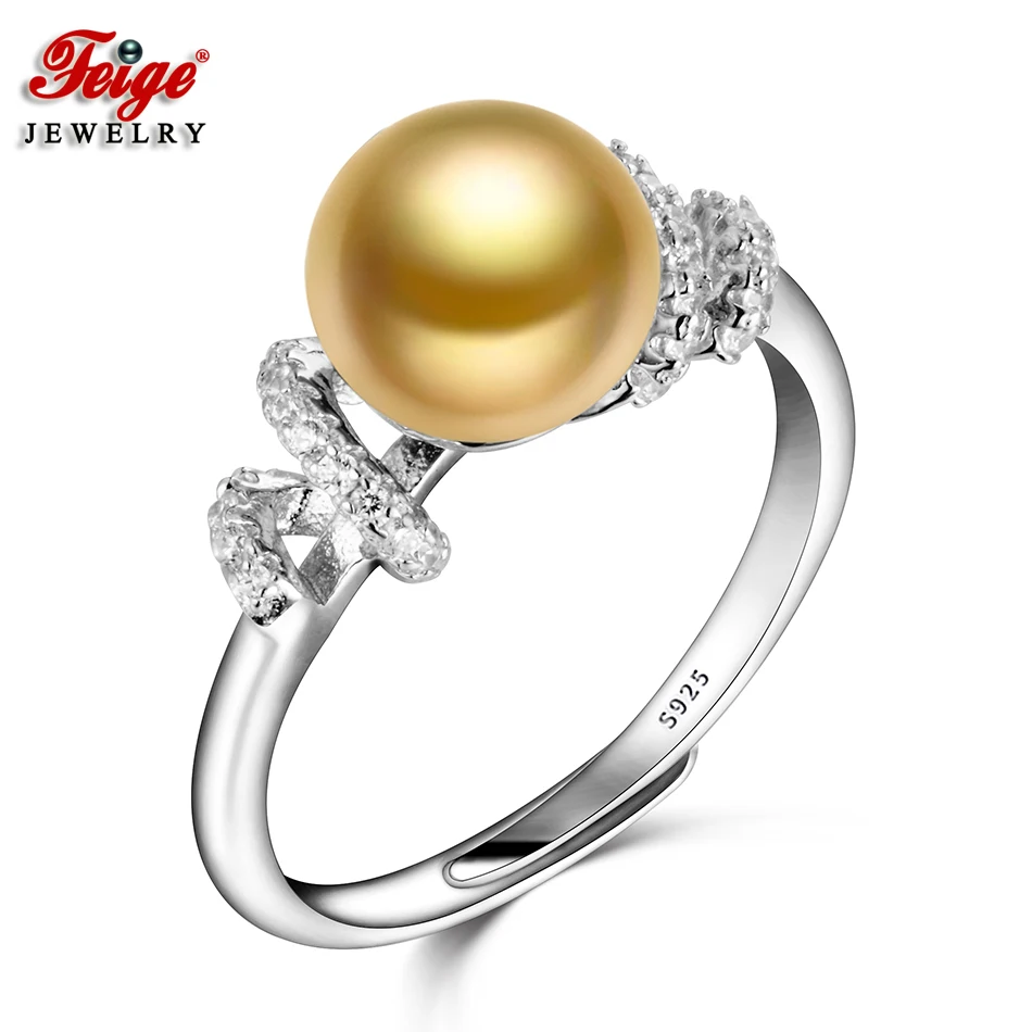 

FEIGE Wholesale Pearl Rings Fine Jewelry Real 925 Sterling Silver Ring for Women 8-9MM Golden Freshwater Pearl Jewelry Lady Gift