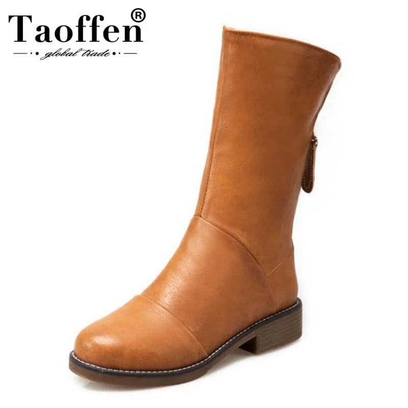 TAOFFEN/Размеры 33-44, женские зимние сапоги до середины икры, теплая меховая обувь на молнии, женские сапоги на плоской подошве с круглым носком, женские короткие сапоги в сдержанном стиле